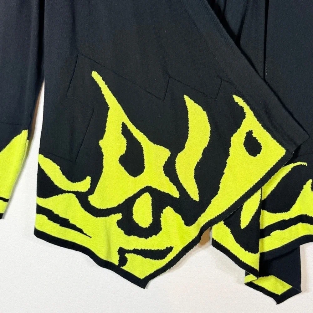 Abbie Mags Large Cardigan‎ Black Lime Womens Open Front Artsy Modern Abstract